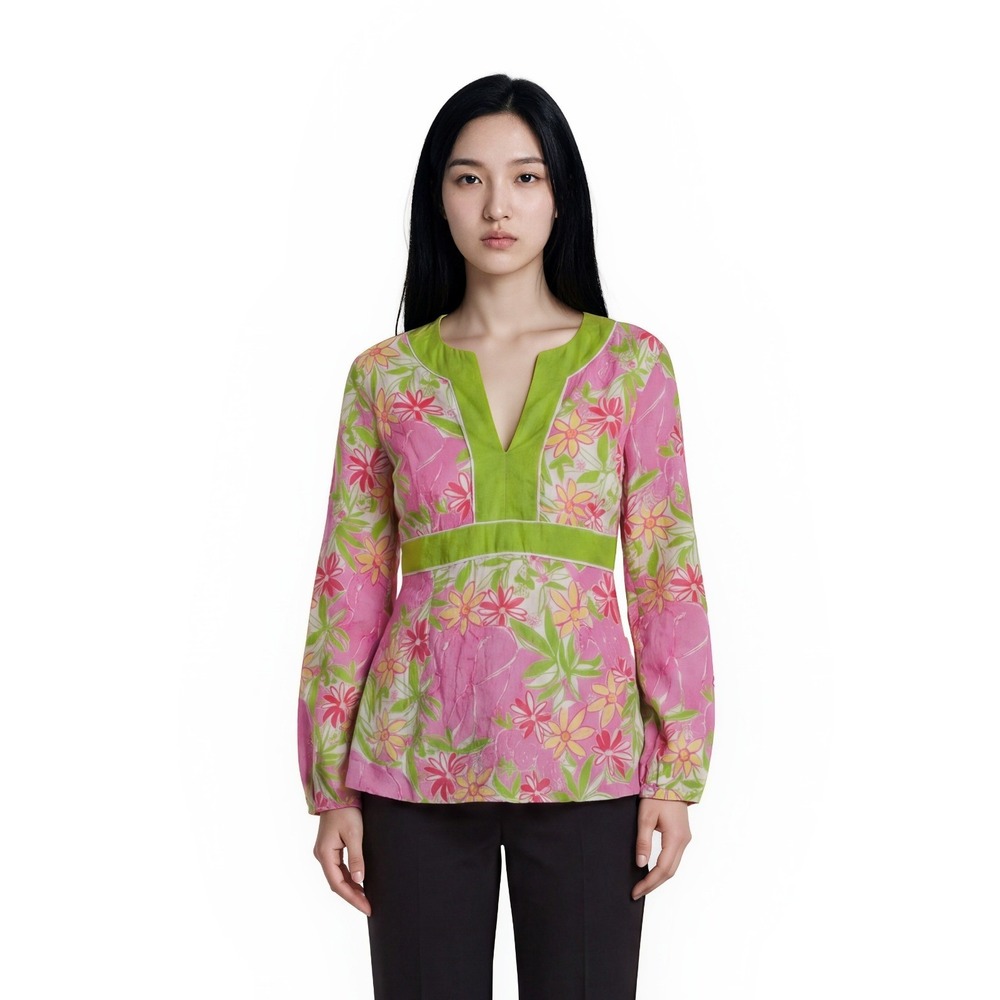 Lilly Pulitzer 100% Linen Top Blouse Women's Size XS Pink Green‎ Floral Lined